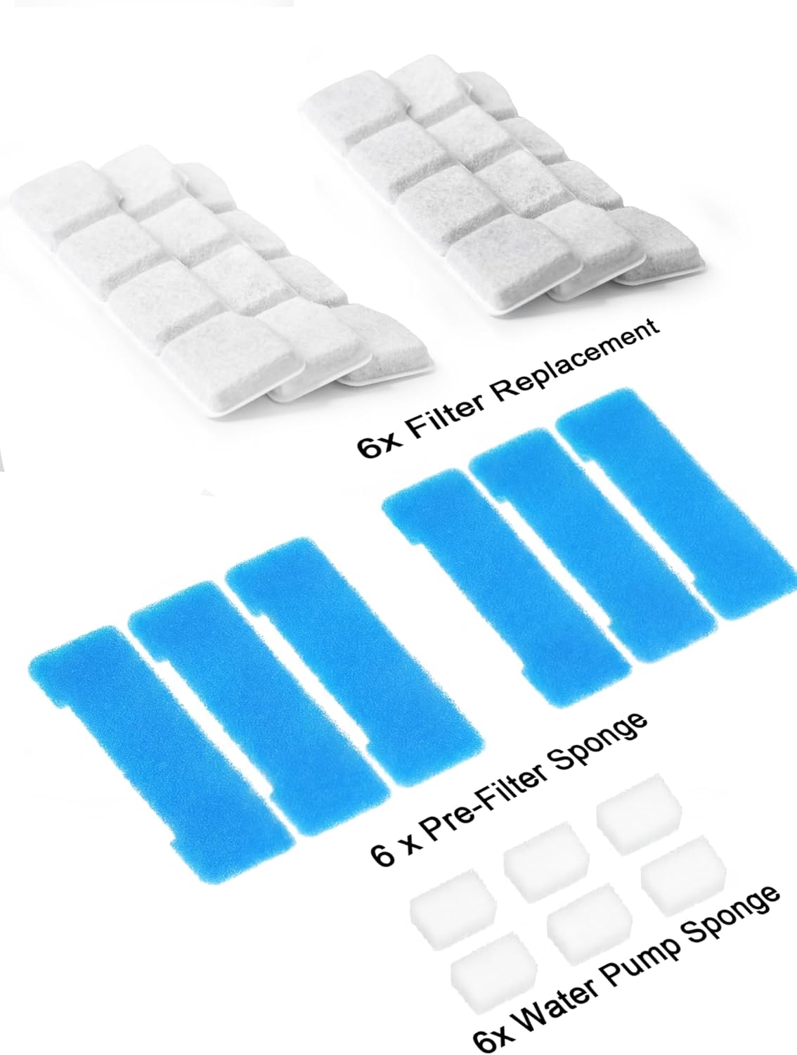 SIBAYS Dog Water Fountain Filter Replacement, 4Gal/15L Pet Fountain Filters, Made of Activated Carbon and PP Cotton, 8 Pet Water Fountain Filters, 8 Pre-Filter Sponge with 8 Pump Sponge(Model: L05)
