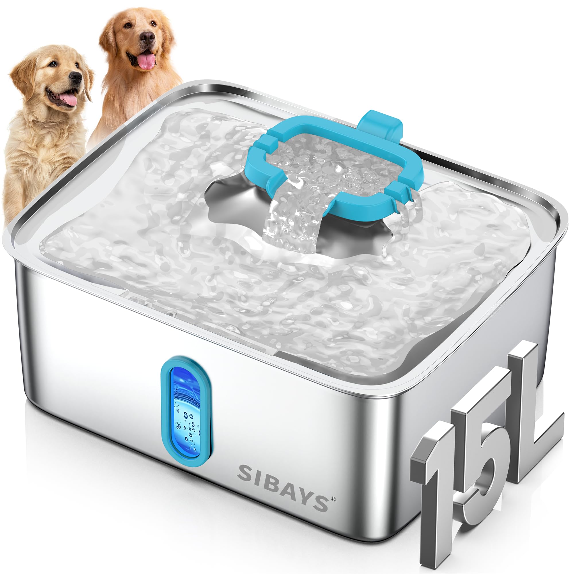 SIBAYS 4Gal/15L Dog Water Fountain for Large Dogs, Stainless Steel Large Pet Water Fountain, Ultra Quiet Automatic Dog Water Bowl Dispenser with Water Level Window and LED Light(FS78, Silver-Grey)