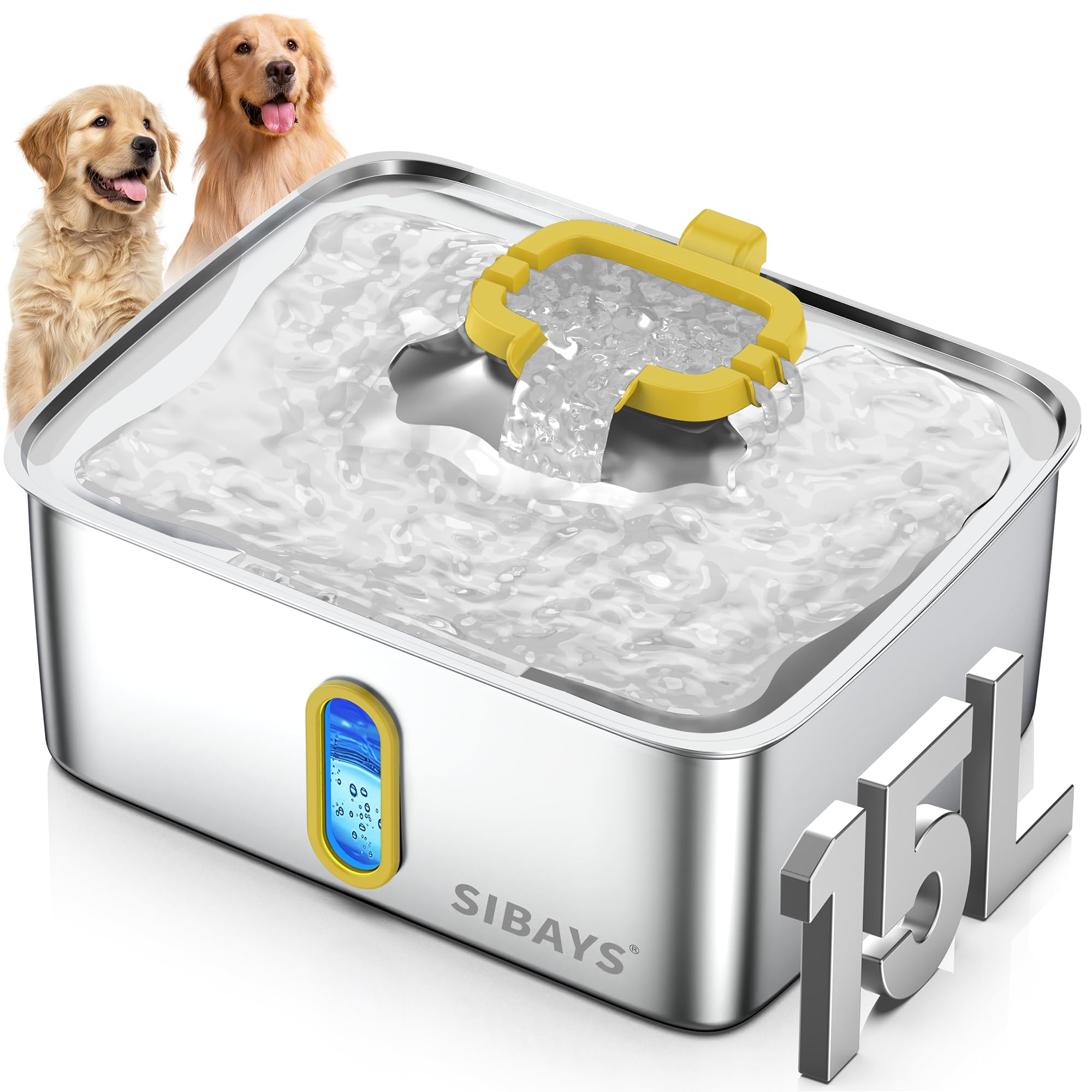 SIBAYS 4Gal/15L Dog Water Fountain for Large Dogs, Stainless Steel Large Pet Water Fountain, Ultra Quiet Automatic Dog Water Bowl Dispenser with Water Level Window and LED Light(FS78, Silver-Grey)