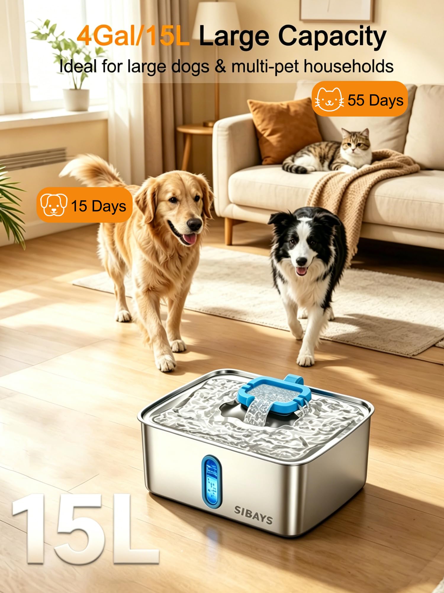 SIBAYS 4Gal/15L Large Dog Water Fountain, Stainless Steel Pet Water Fountain with Water Level Window and LED Light, Ultra Quiet Automatic Dog Water Bowl Dispenser, Easy to Clean(FS78, Silver-Blue)