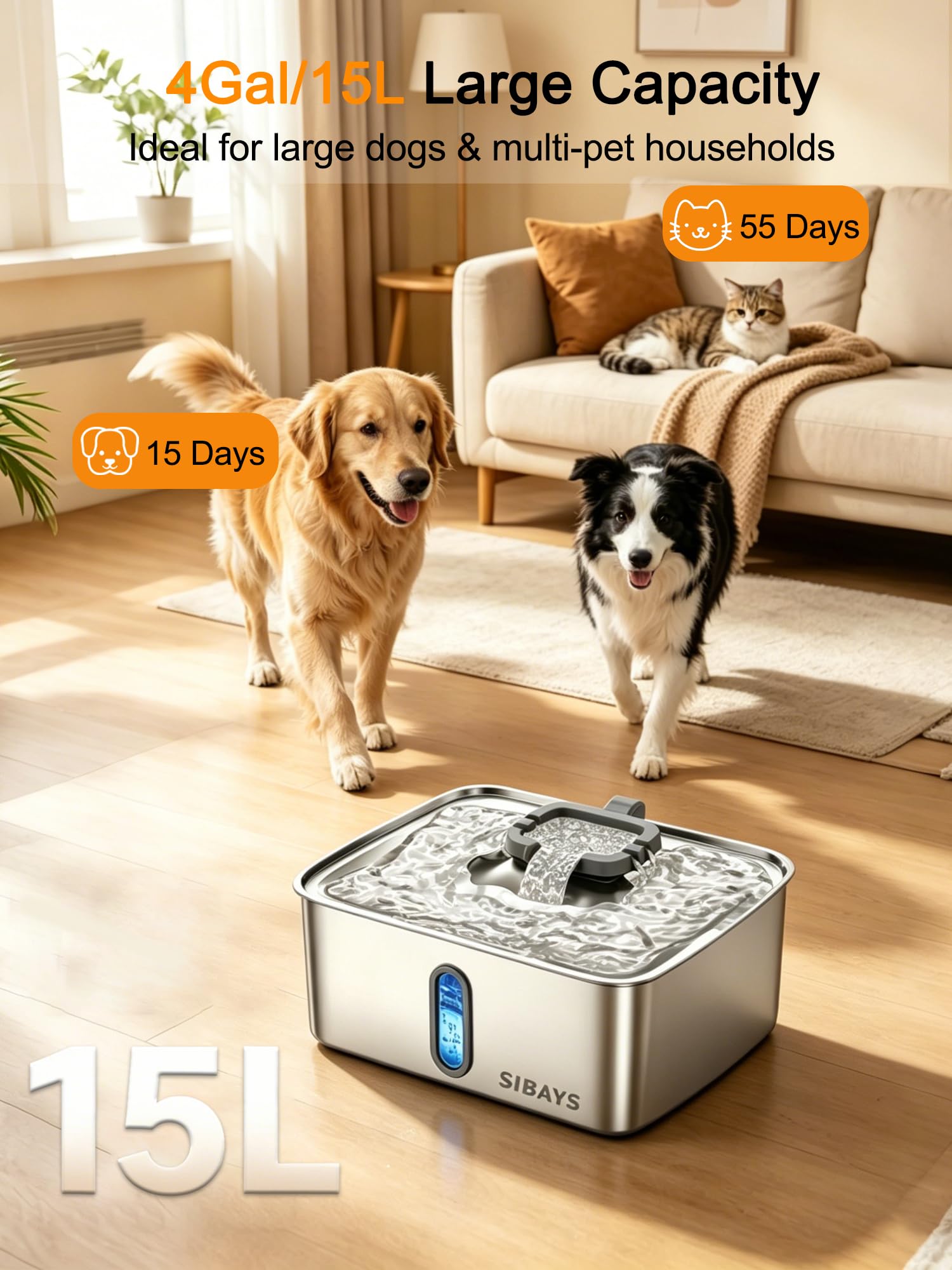 SIBAYS 4Gal/15L Dog Water Fountain for Large Dogs, Stainless Steel Large Pet Water Fountain, Ultra Quiet Automatic Dog Water Bowl Dispenser with Water Level Window and LED Light(FS78, Silver-Grey)
