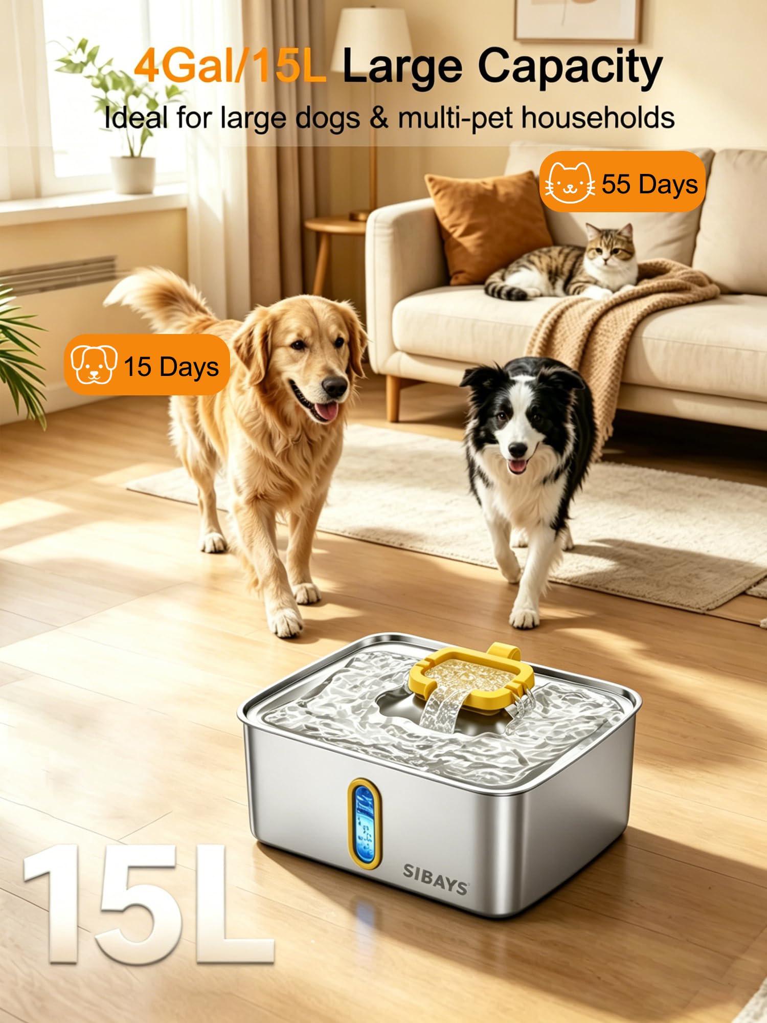 SIBAYS 4Gal/15L Stainless Steel Large Dog Water Fountain, Ultra Quiet Automatic Pet Water Fountain, Dog Water Bowl Dispenser with Water Level Window and LED Light, Easy to Clean(FS78, Silver-Yellow)