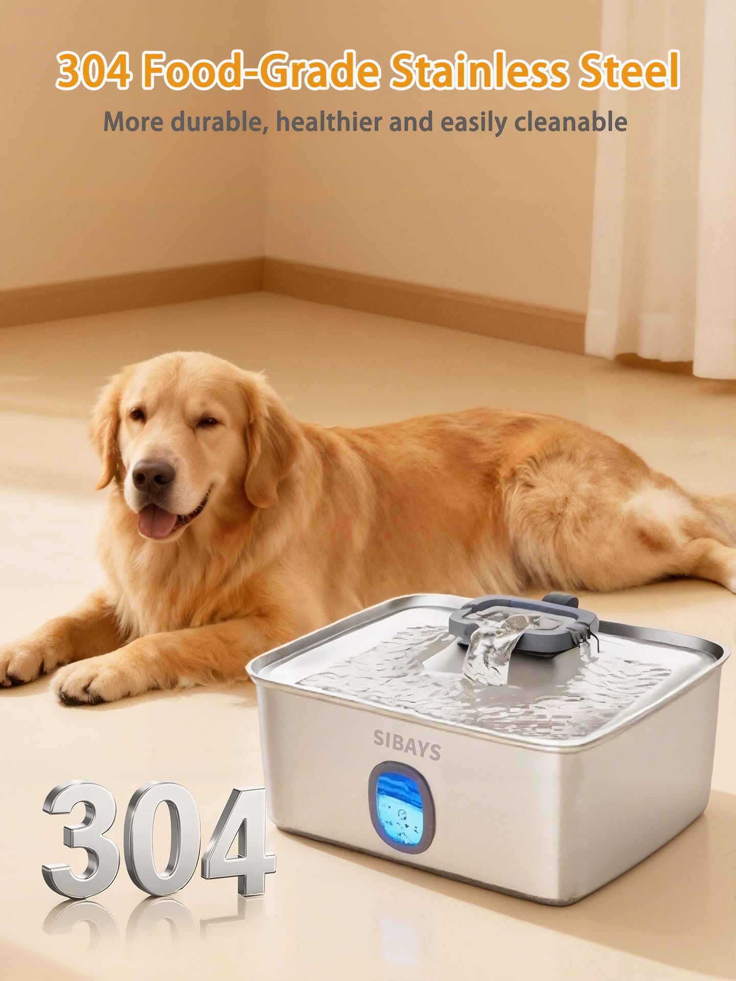 SIBAYS 4Gal/15L Large Dog Water Fountain, Stainless Steel Pet Fountain with Water Window & LED Light, Ultra Quiet Automatic Dog Water Bowl Dispenser for Large Dogs & Multi-pet, Easy to Clean SIFS76A