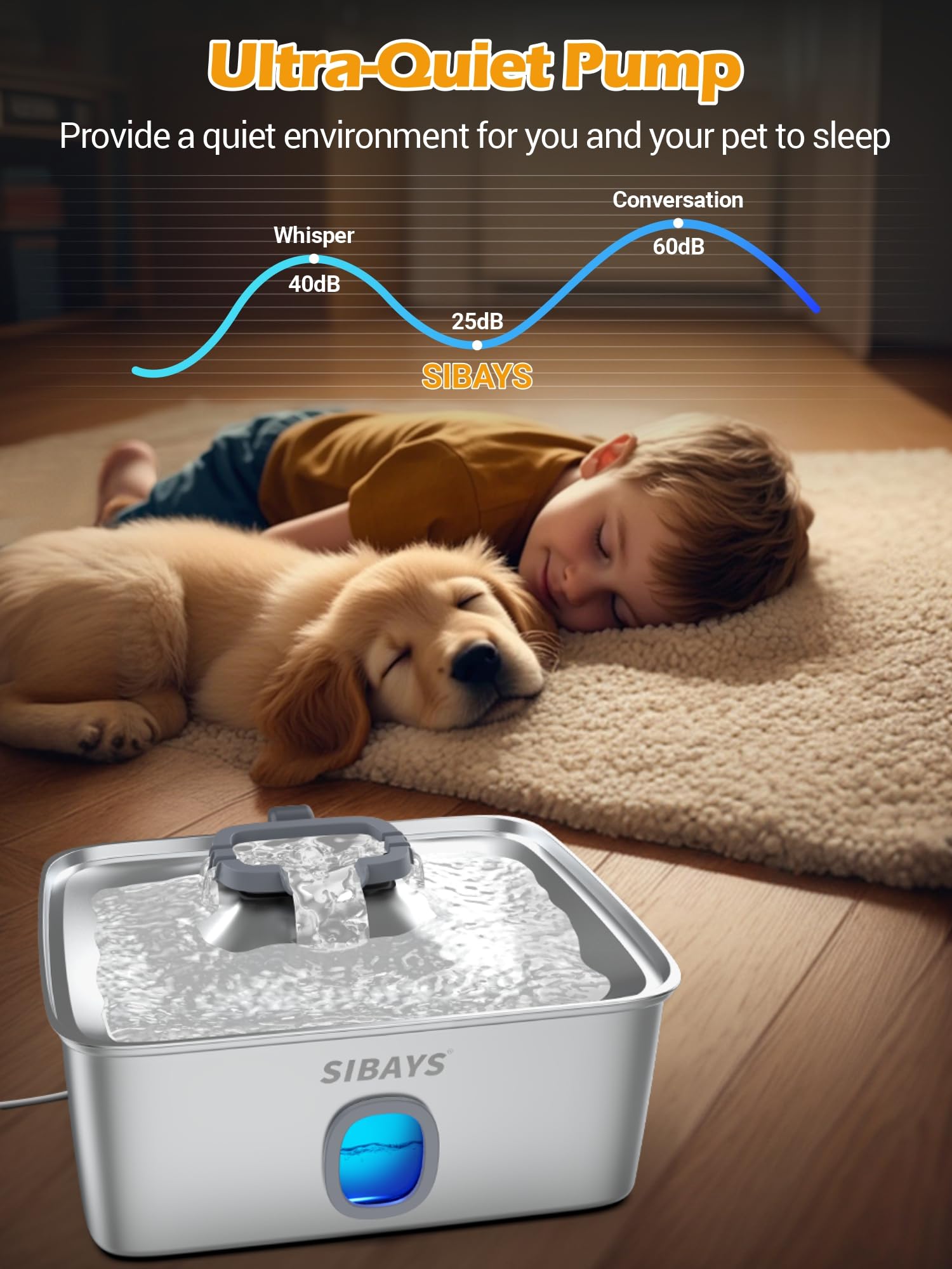 SIBAYS 15L Dog Water Fountain Replacement Pump, USB 5V 1A Pet Water Fountain Pump, Ultra Quiet Dog Water Dispenser Pump with LED Light, White(Model: P05)