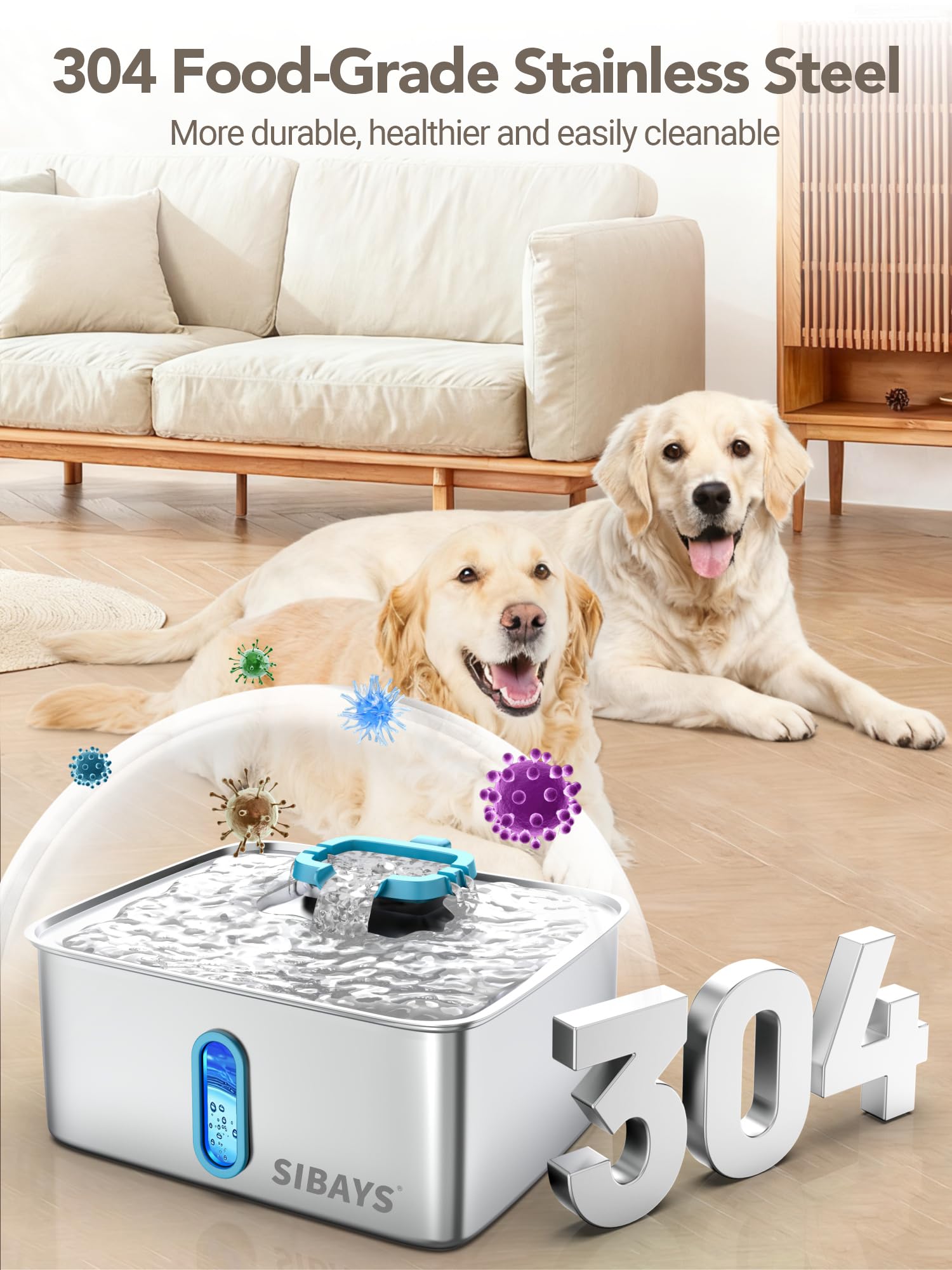 SIBAYS 4Gal/15L Large Dog Water Fountain, Stainless Steel Pet Water Fountain with Water Level Window and LED Light, Ultra Quiet Automatic Dog Water Bowl Dispenser, Easy to Clean(FS78, Silver-Blue)