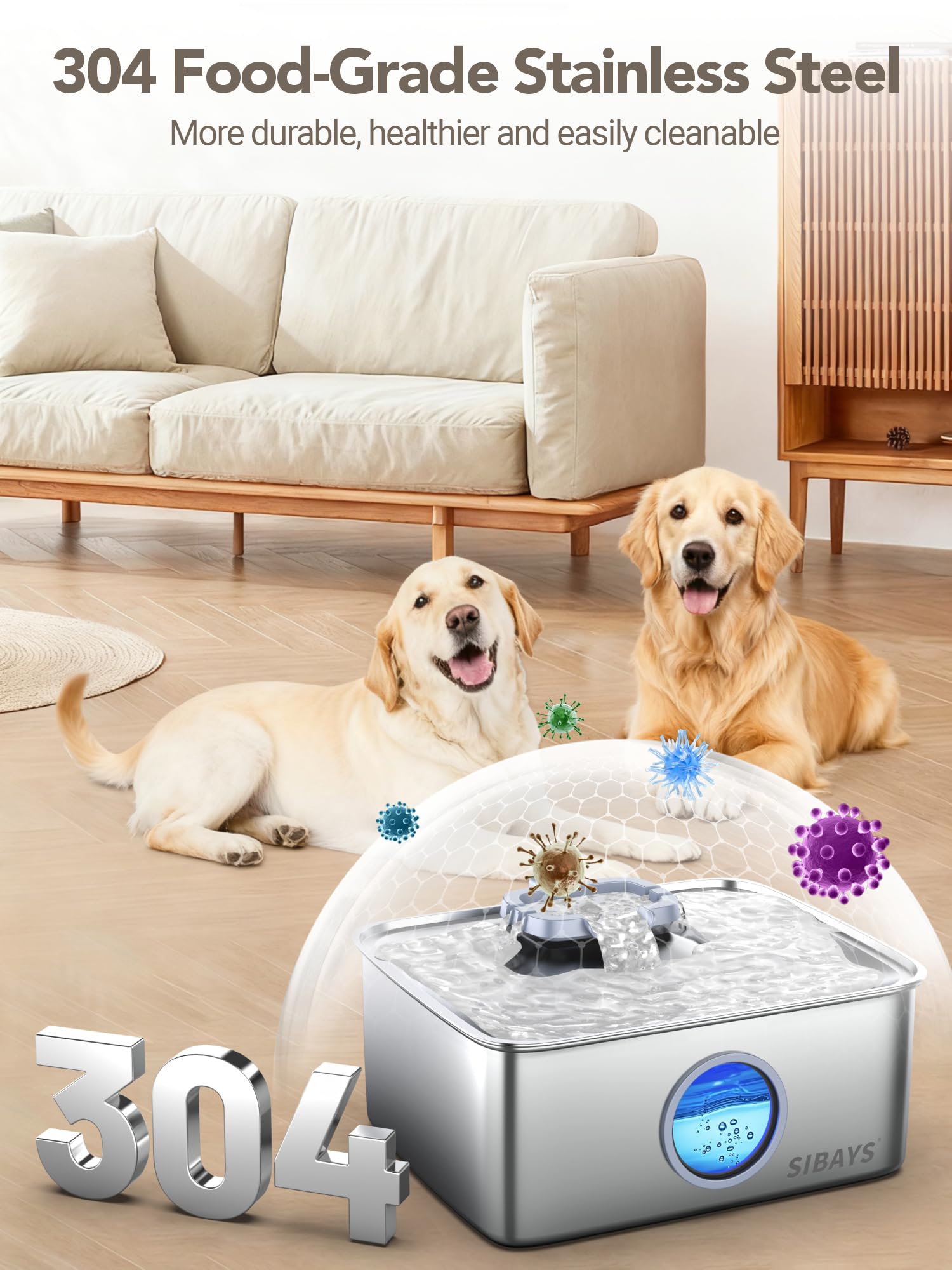 SIBAYS 4Gal/15L Dog Water Fountain, Stainless Steel Large Capacity Pet Water Fountain with Water Level LED Light, Automatic Quiet Dog Water Bowl Dispenser for Large Dogs & Multi-Pet Easy to Clean FS79