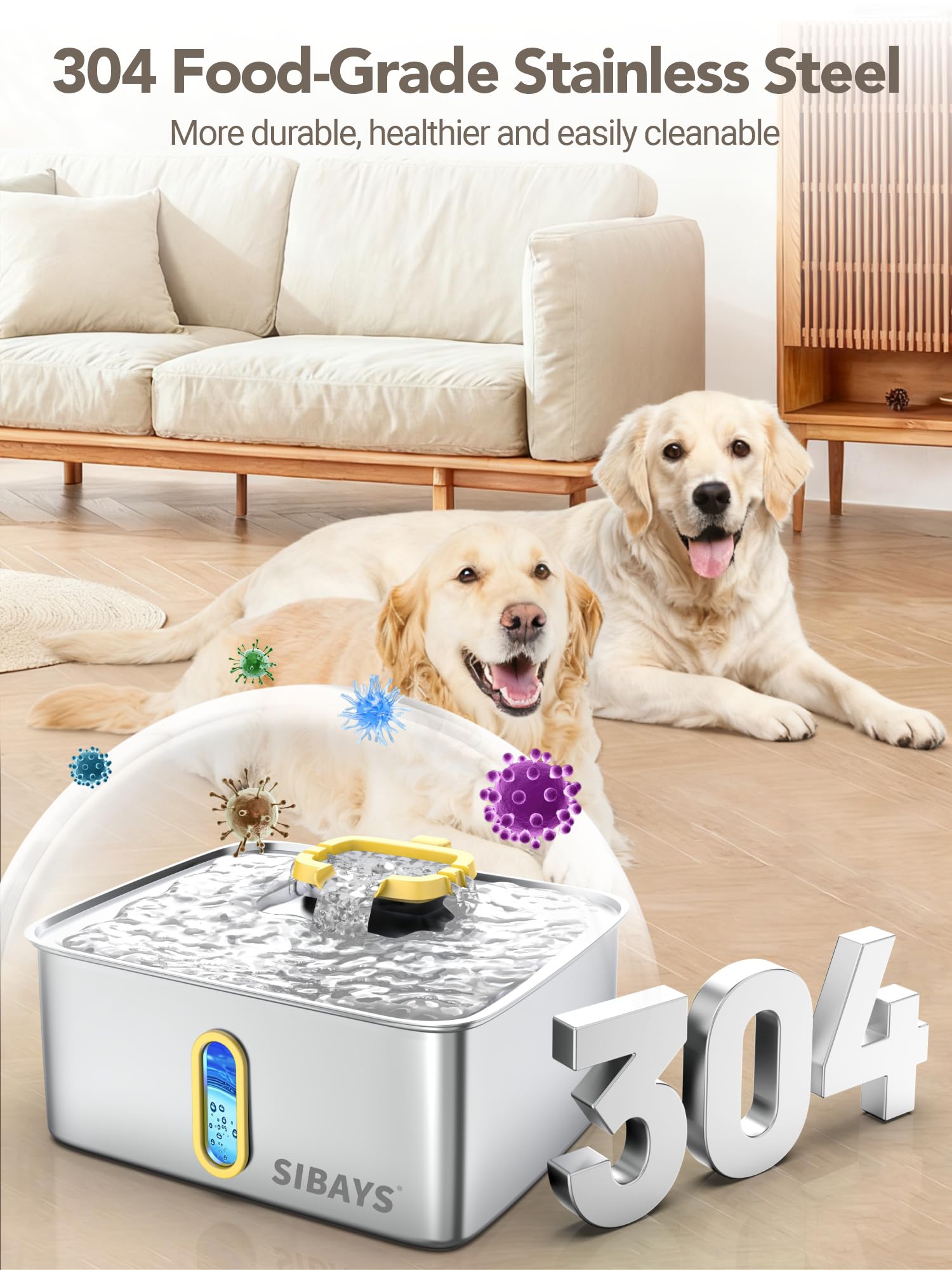 SIBAYS 4Gal/15L Stainless Steel Large Dog Water Fountain, Ultra Quiet Automatic Pet Water Fountain, Dog Water Bowl Dispenser with Water Level Window and LED Light, Easy to Clean(FS78, Silver-Yellow)