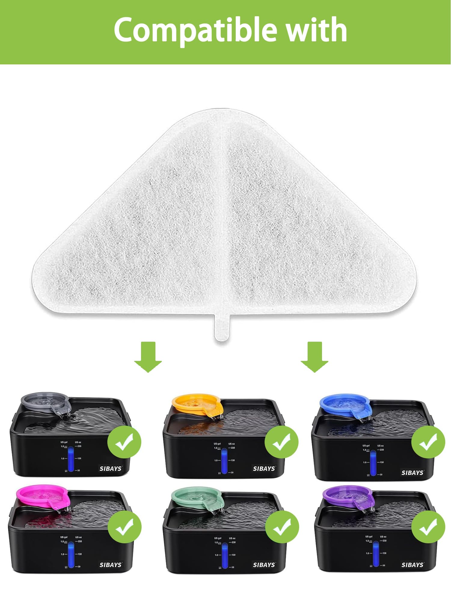 SIBAYS Cat Water Fountain Filters, Replacement Water Fountain Filters for 230oz/7L Pet Water Fountains, Made of Food Grade Activated Carbon and PP Cotton, 6pcs Filter + 6pcs Mesh + 6pcs Sponge