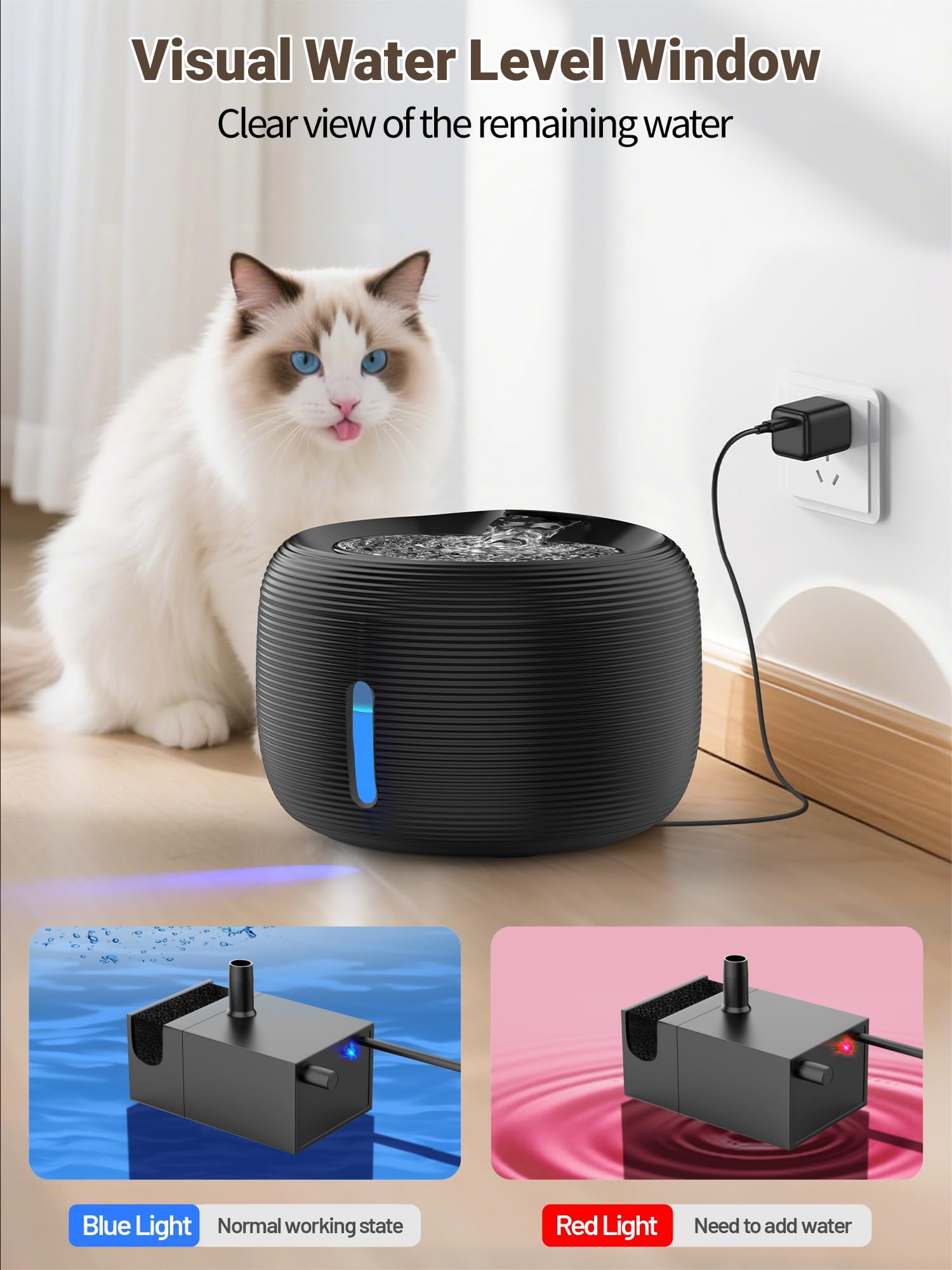SIBAYS Cat Water Fountain Replacement Pump, Ultra Quiet Dog Water Fountain Pump for 3.5L/118oz Pet Fountain(FS75/FS77), Dog Water Bowl Dispenser Pump with LED Light(Model: P04)