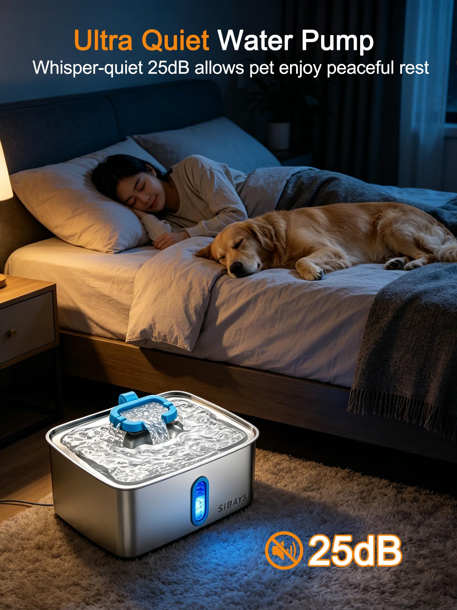 SIBAYS 4Gal/15L Large Dog Water Fountain, Stainless Steel Pet Water Fountain with Water Level Window and LED Light, Ultra Quiet Automatic Dog Water Bowl Dispenser, Easy to Clean(FS78, Silver-Blue)
