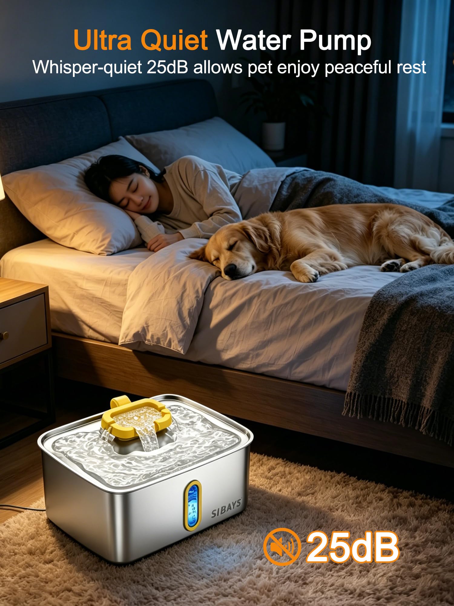 SIBAYS 4Gal/15L Stainless Steel Large Dog Water Fountain, Ultra Quiet Automatic Pet Water Fountain, Dog Water Bowl Dispenser with Water Level Window and LED Light, Easy to Clean(FS78, Silver-Yellow)