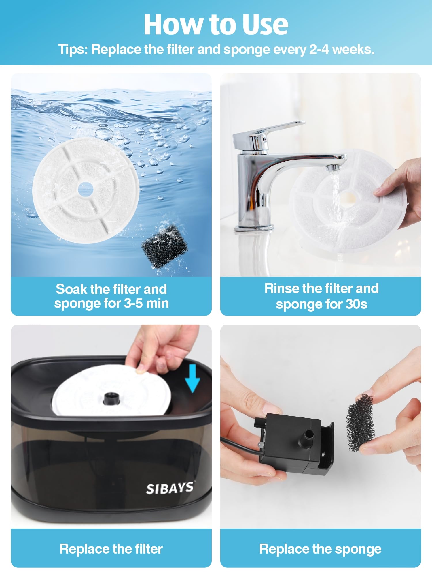 SIBAYS 6 Pack 7" Large Cat Water Fountain Filters Replacement for 2.5Gal/9.5L Dog Water Fountain(FS68/FS82) with 4 Layers Filtration System, Made of Coconut Shell Activated Carbon and PP Cotton L03